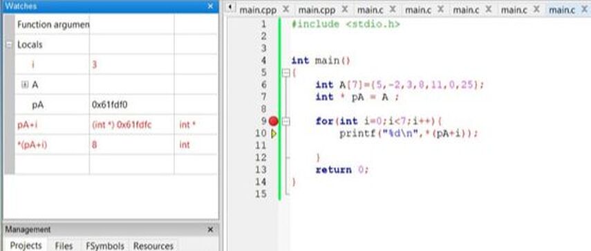 Figure 4: Application of pointers on the example of writing elements of an integer array. Display variables in the debugger