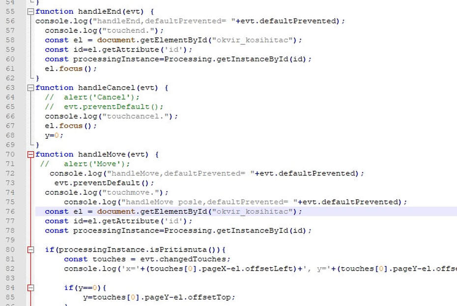 Analiza klizanja tela niz strmu ravan primer koda -main.js (3). Metode handleMove, handleEnd, handleCancel