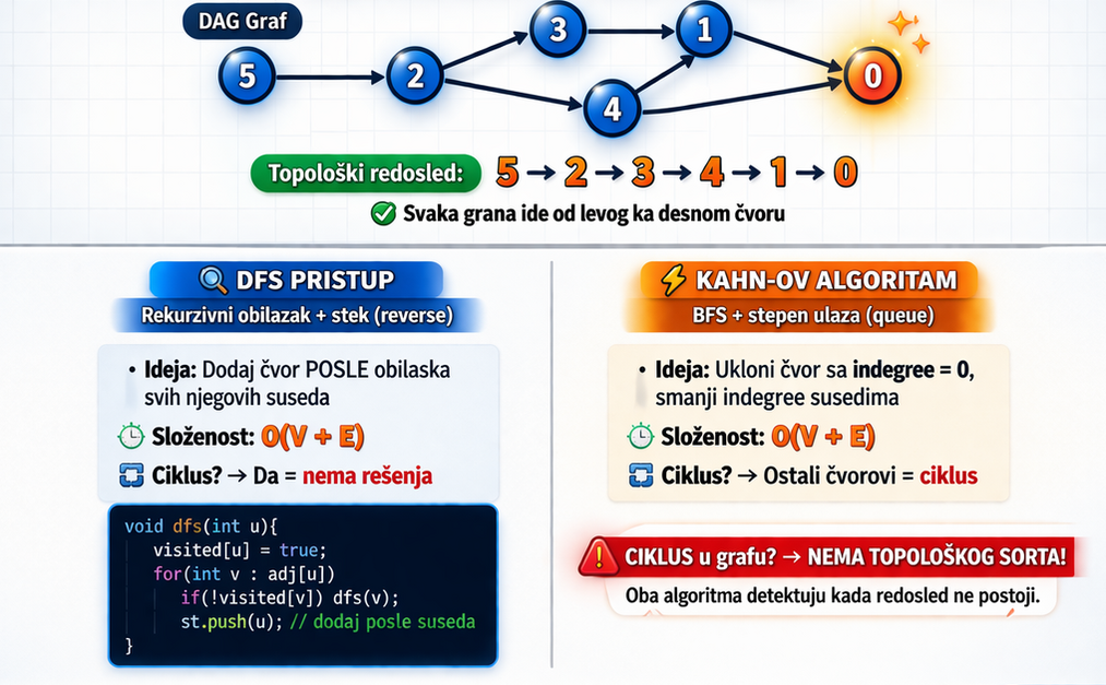 Topološko sortiranje DAG grafova u C++: DFS i Kahn algoritam sa redosledom čvorova i detekcijom ciklusa