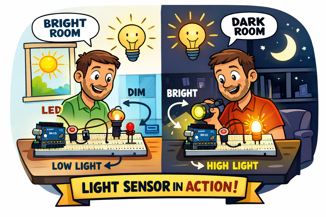 Ilustracija prikazuje odraslog čoveka koji posmatra Arduino projekat sa LDR senzorom i LED lampicom, gde se osvetljenje LED menja u zavisnosti od svetlosnih uslova u sobi.