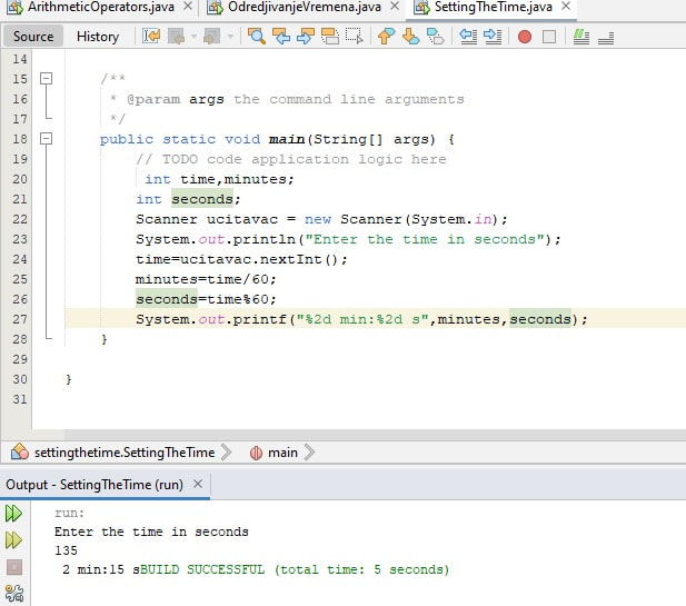  Operators in Java - example 1: Setting the time