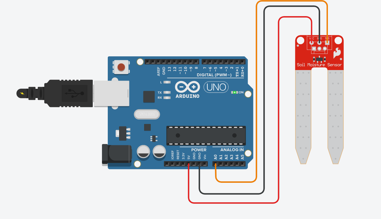 Wiring diagram of a resistive soil moisture sensor connected to Arduino UNO in Tinkercad