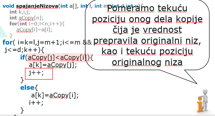 Slika 8: Sortiranje objedinjavanjem. Spajanje manjih u veće nizove-funkcija- nastavak