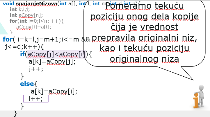 Slika 9: Sortiranje objedinjavanjem. Spajanje manjih u veće nizove-funkcija- nastavak 2
