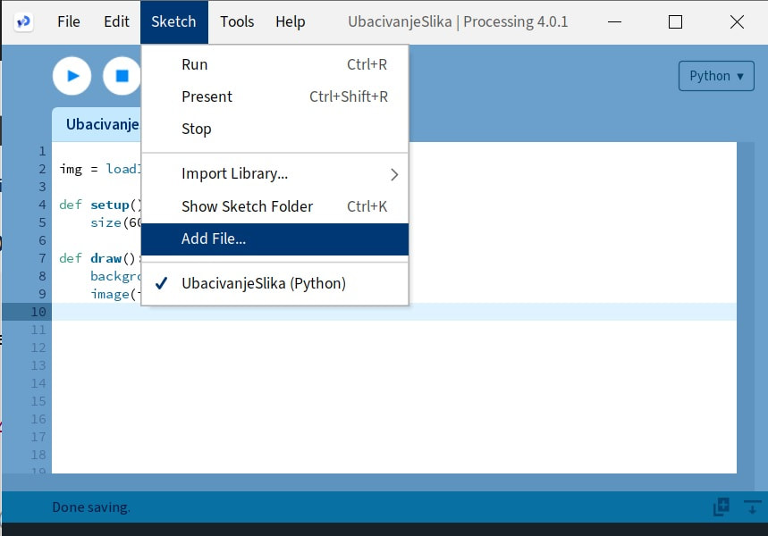  Ubacivanje slika u Processing-u 4+. Dodavanje sa addFile, automatski ubacuje sliku u data folder 