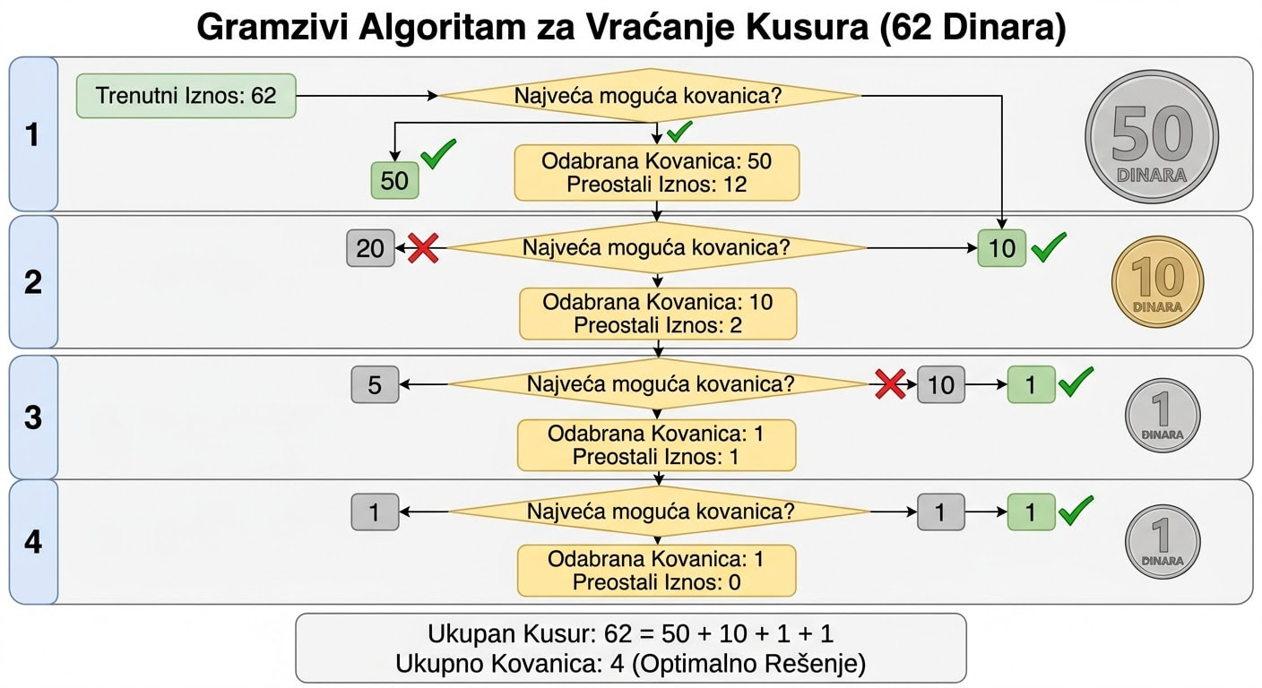 Vizuelni prikaz gramzivog algoritma za vraćanje 62 dinara kusura, korak po korak.